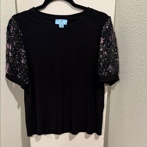 CeCe Black Top with Floral Embroidered Sleeves
